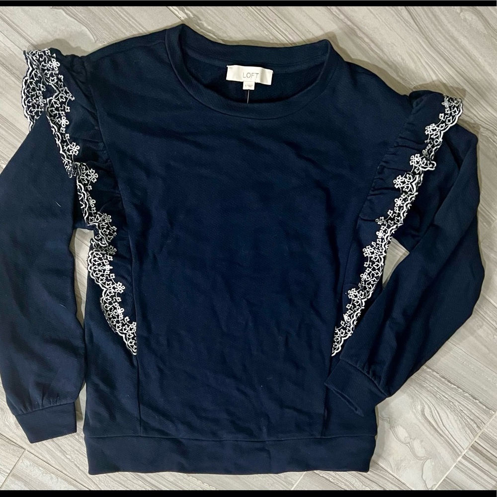 LOFT Womens S Embroidered Ruffle Navy Pullover Sweater